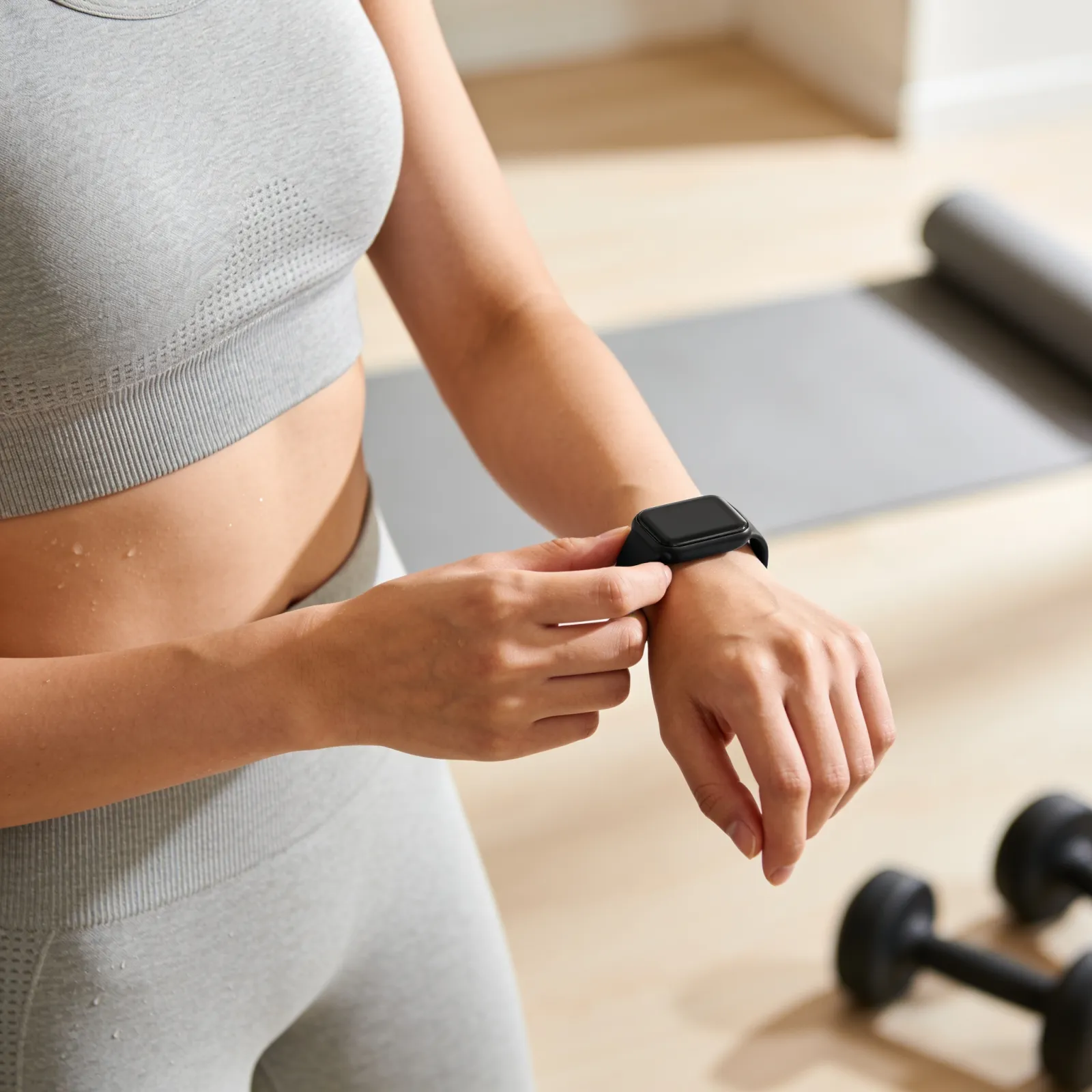 Someone in soft grey activewear checks a watch at home beside a yoga mat