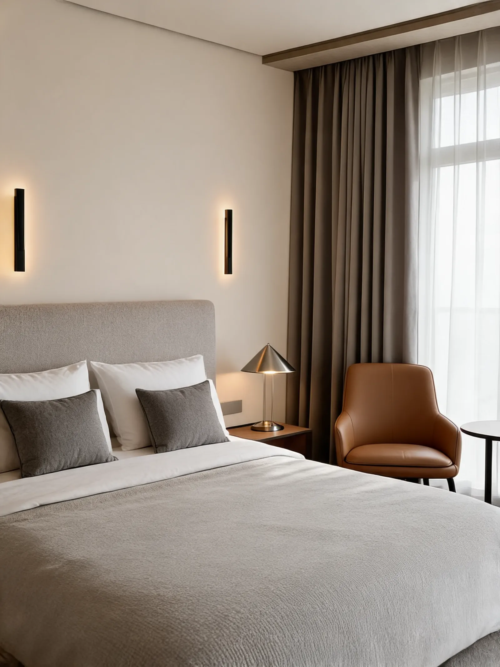 A calm hotel bedroom in soft daylight