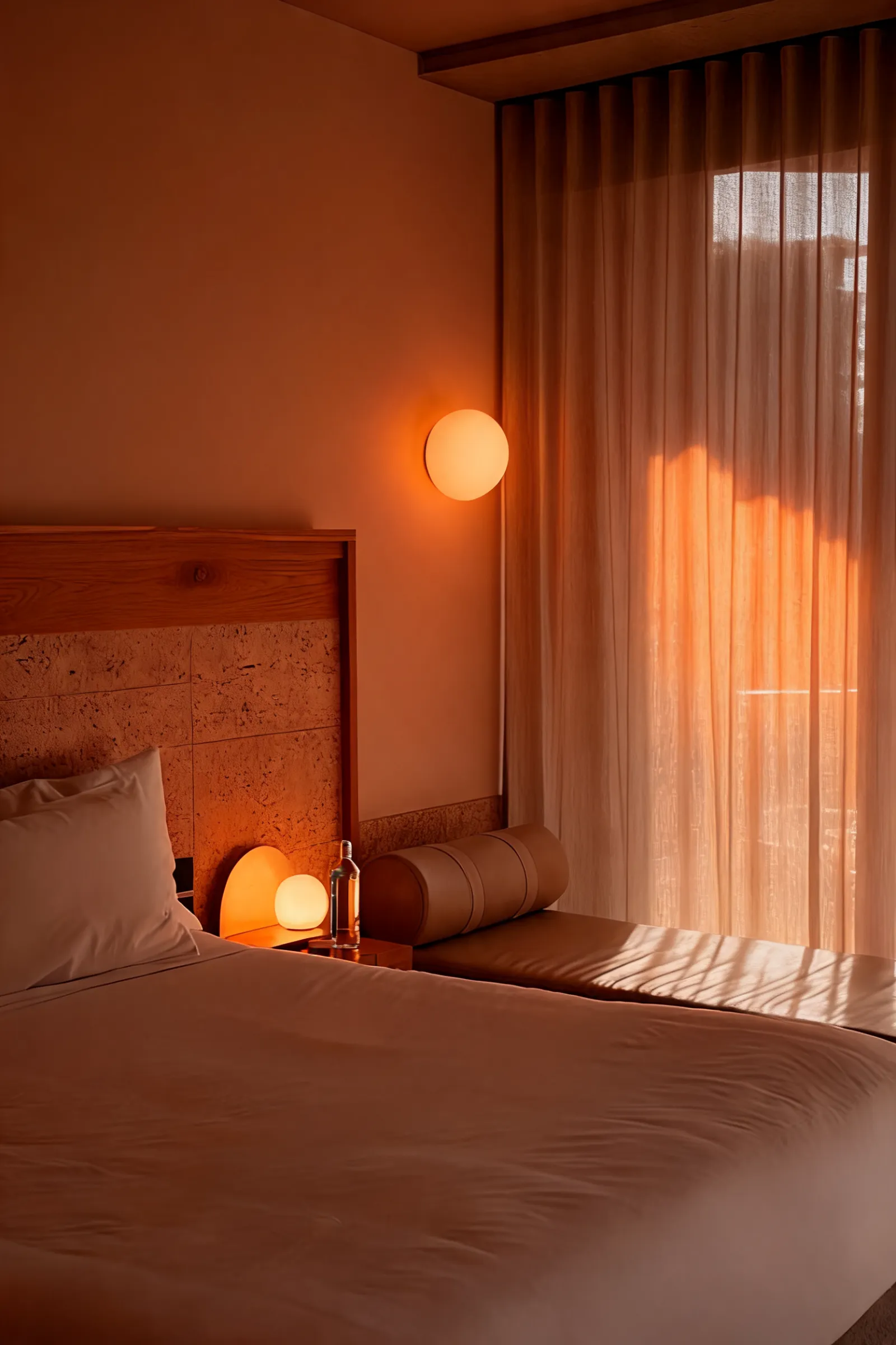 The same room at dusk, lamps glowing