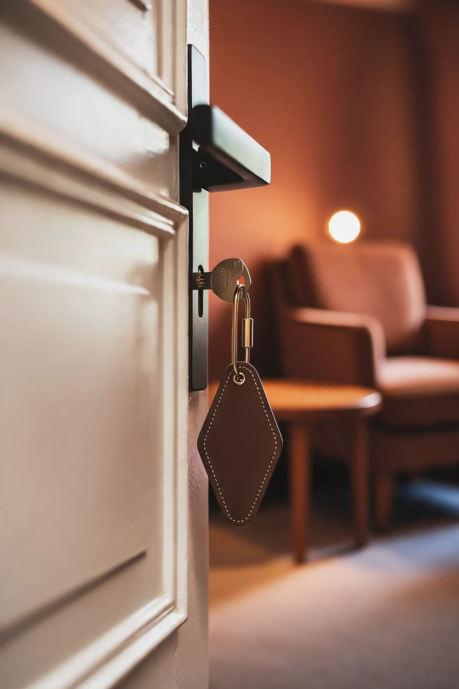 A leather room key hanging from an open door